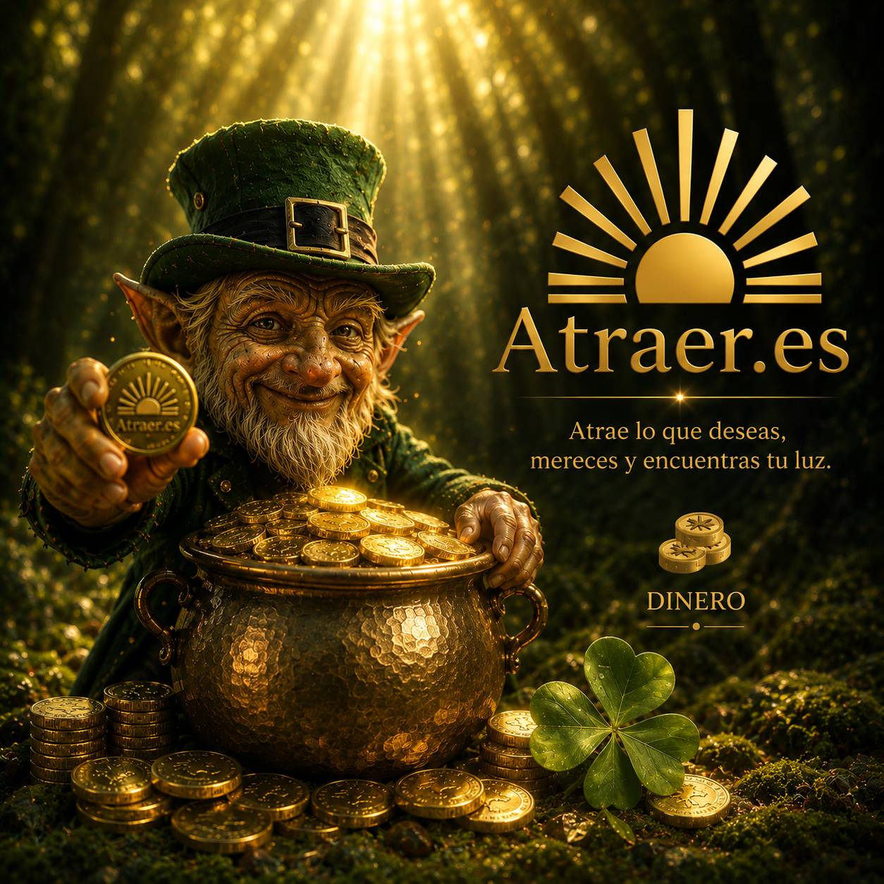 Ilustración de prosperidad con duende y monedas para la página de atraer dinero.